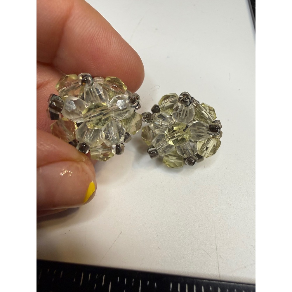 Vintage Japan Crystal Bead Cluster Clip On Earrings Yellow Clear Mid Century